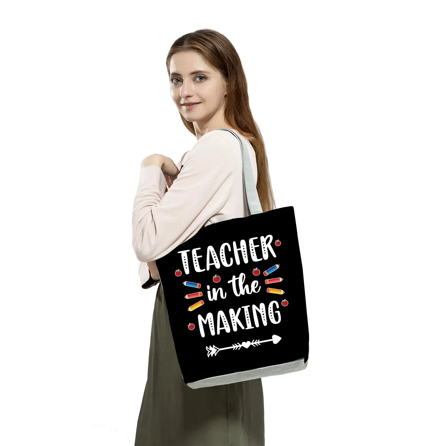 School Teacher Gift Handbags For Women Colorful Letters Print Tote Bag Fashion Travel Beach Shopper Shoulder Bags Customizable