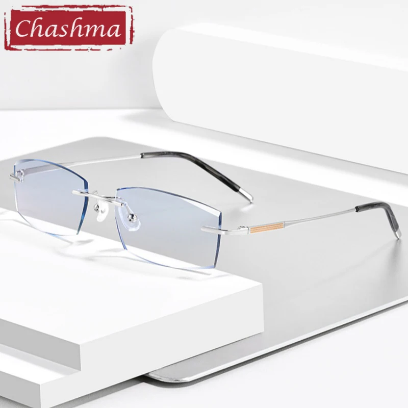 

Chashma Prescription Glasses Titanium Men Fashion Diamond Trim Rimless Spectacles Eyeglasses Frames Male Myopia Tint Lenses