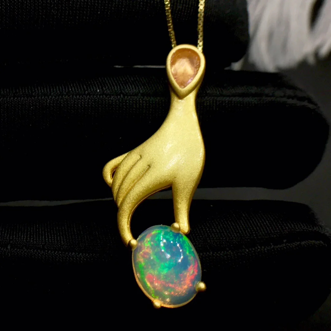 KJJEAXCMY Girls' Jewelry 8x10mm Natural Colored Handheld Opal Necklace Pendant 925 Pure Silver Plated 18K Gold Clearance Sale