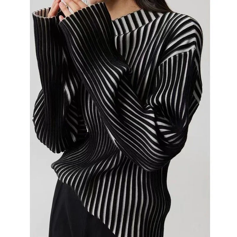 Jesienno-zimowy nowy kontrastowy kolorowy sweter w paski damski główna ulica Casual Slim swetry z długim rękawem eleganckie wygodne topy — 2