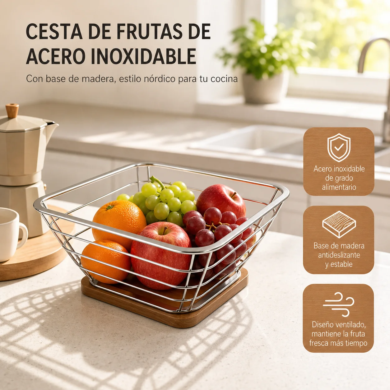 Panier à fruits carré en fil d'acier inoxydable avec base en bambou naturel 24x24x12 cm, design minimaliste, ventilé, grande capacité pour fruits, légumes, pain, collations, cuisine, salle à manger, salon