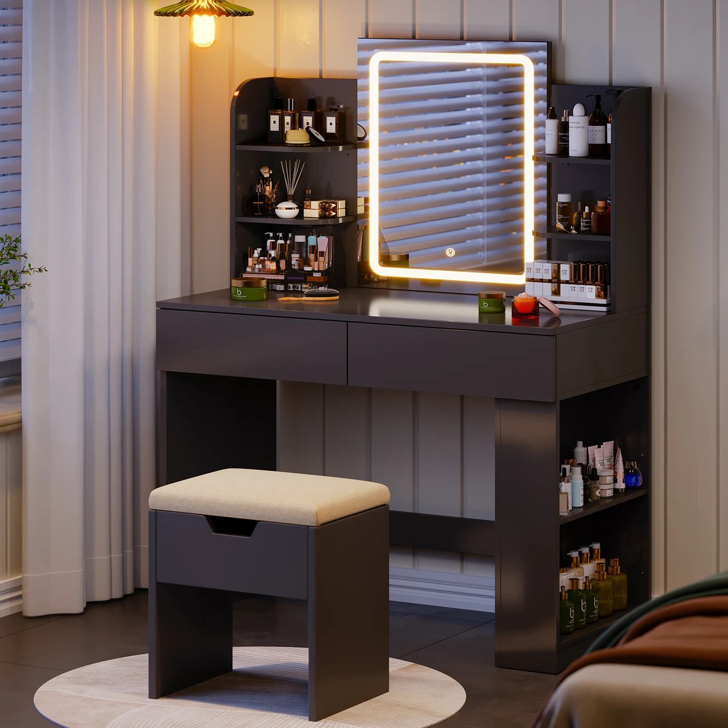 Homall Kaptafel met LED-spiegel en kruk, verstelbare helderheid, 90x40x135cm, make-uptafel met 2 grote laden