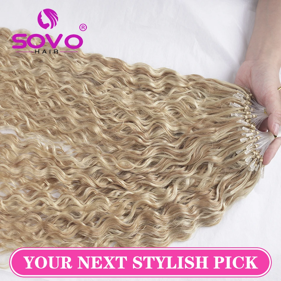 SOVO Micro Loop Human Hair Extensions Water Wave Natural Micro Beads Rings European Hair Highlight Balayage Blonde 50 Strands