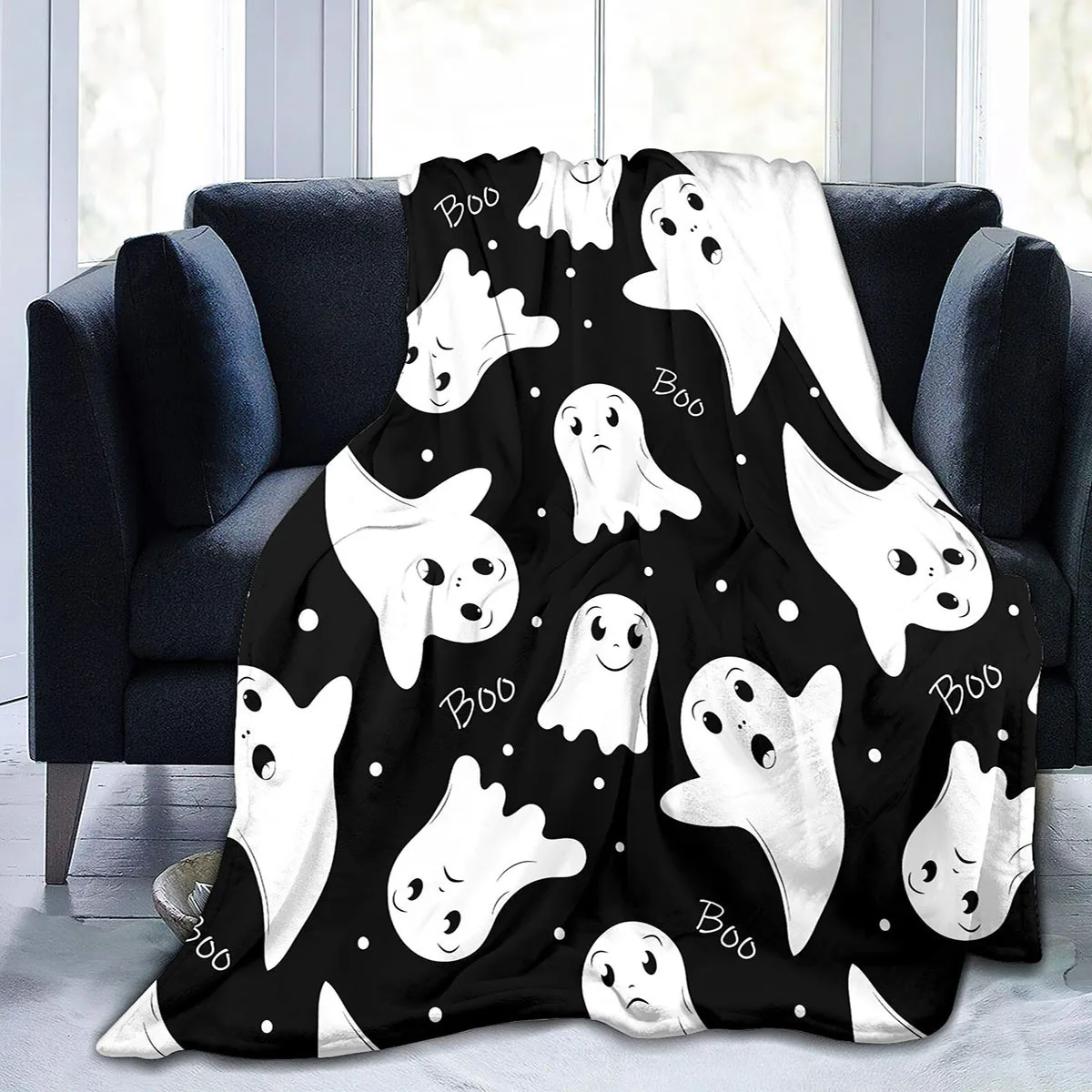 Pastel Halloween Spooky Ghosts Meadow Pumpkin Fleece Blanket | 150 x 150 cm Large Double Bed blanket | Decor Soft Snuggly Throw