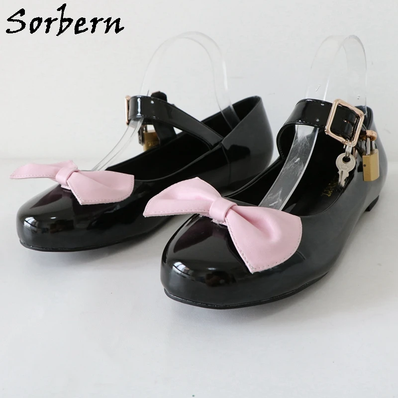 Sorbern Comfortable Lolita Cute Round Toe Shoes Pink Bow Lockable Straps Mary Jane Shoe Flat Heels Custom Color