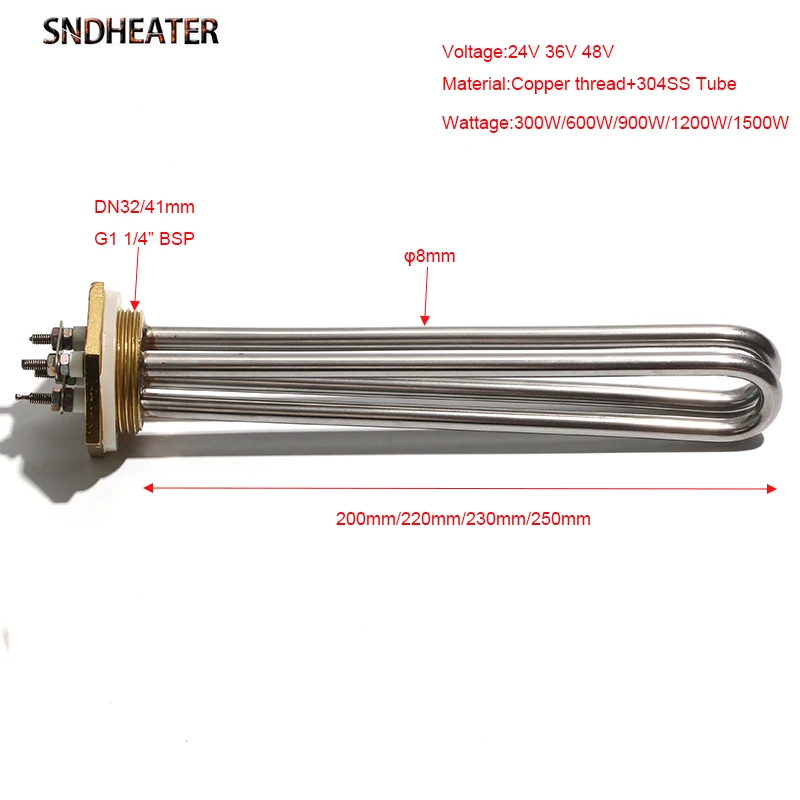 SNDHEATER DN32/41mm Thread 2U Water Heating Element DC 24V 36V 48V Immersion Heater Tube 8mm Wattage 300/600/900W 1KW 1.5KW