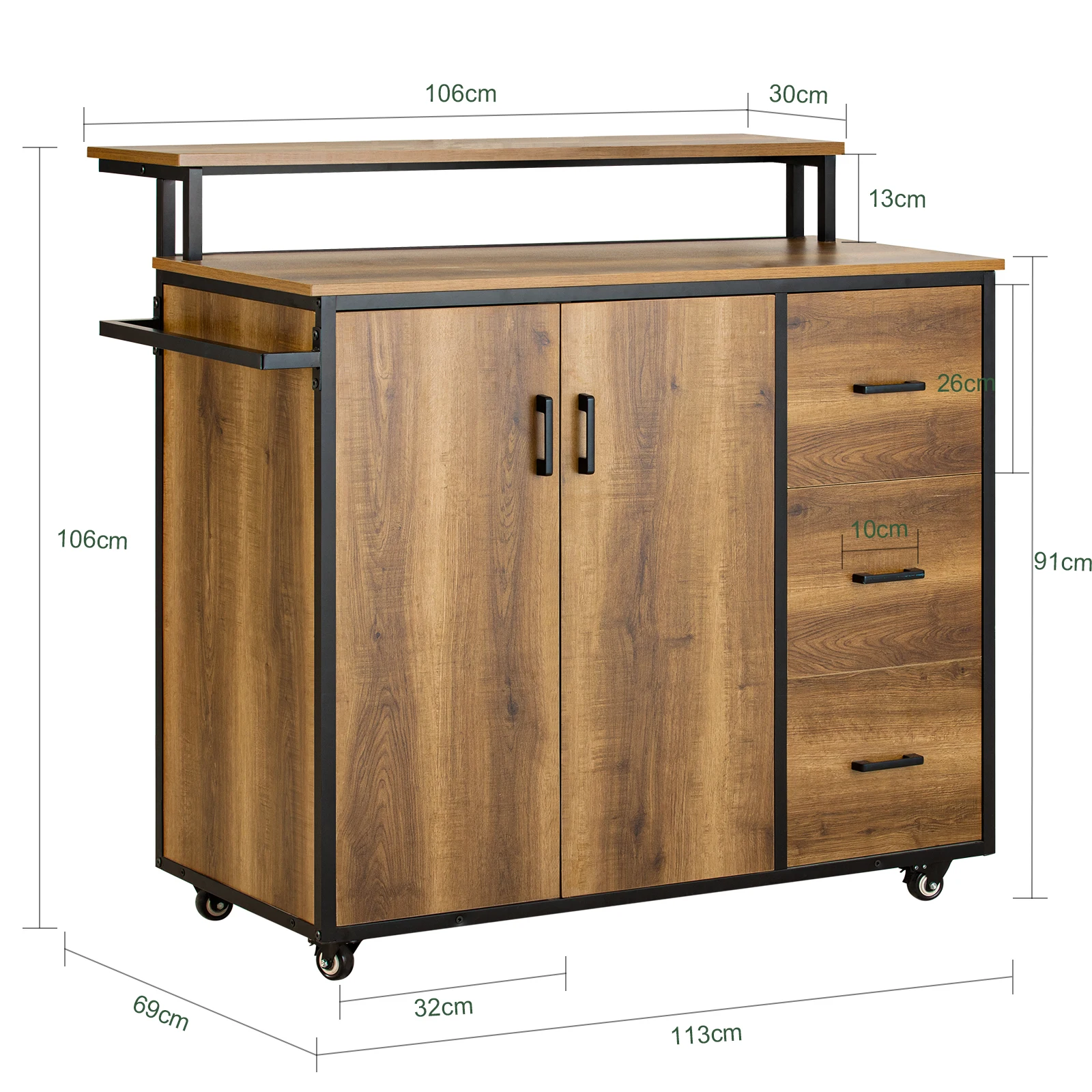 SoBuy KNL02-PF Design Küchenwagen mit Arbeitsplatte Kücheninsel mit Türen und Schubladen Sideboard auf Rollen Küchentrolley – Detail 4