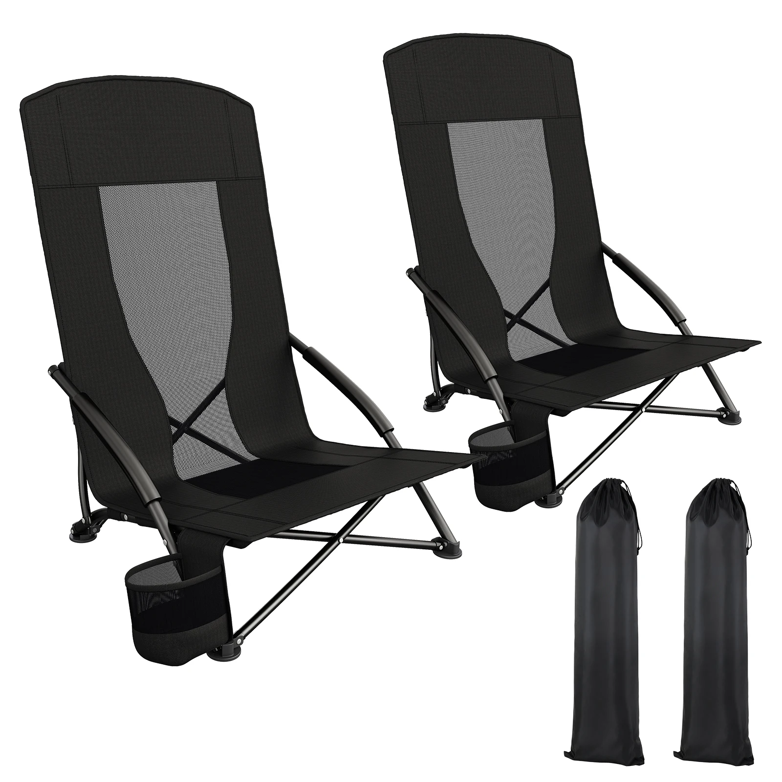 2 STÜCK Tragbarer Campingstuhl klappbarer Strandstuhl Angelstuhl Picknickstuhl Outdoor-Klappstuhl mit Tragetasche,Getränkehalter,Atmungsaktives Netzgewebe,für Angeln,Grillen,Festival,Picknick,Strand