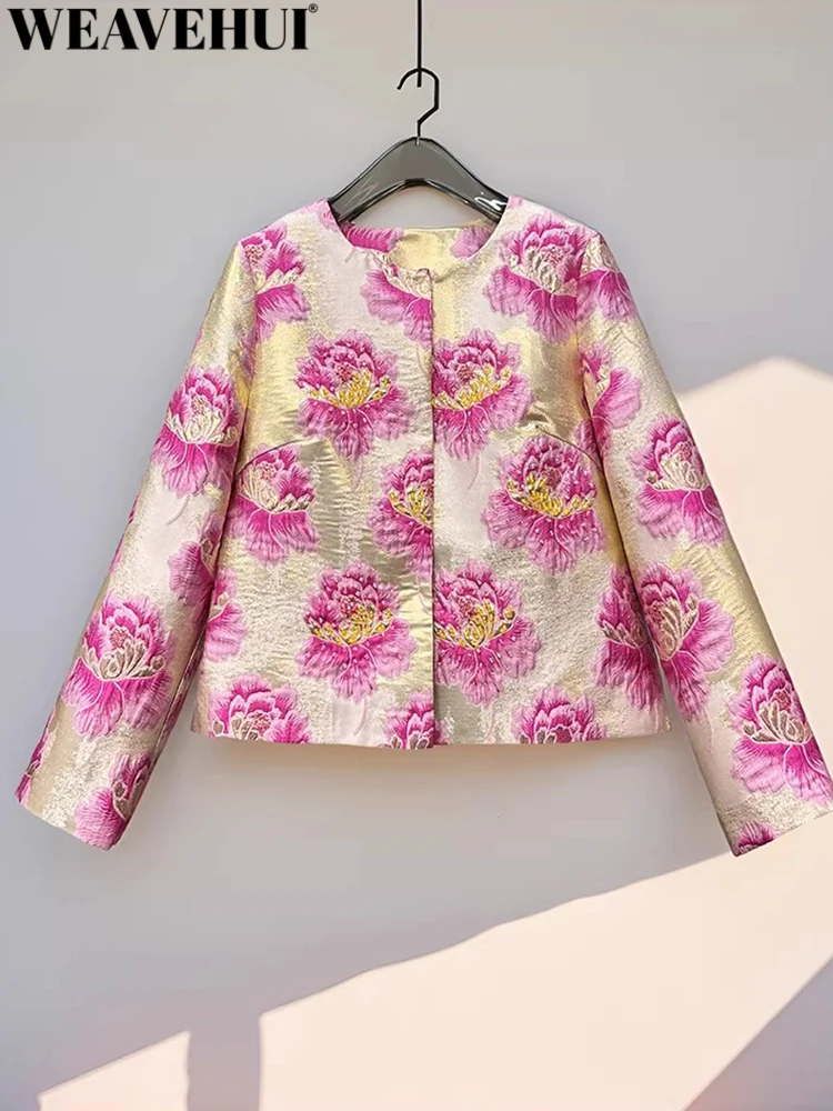 WEAVEHUI Women Vintage Coat  O-Neck Long Sleeves Concealed Buttons Jacquard gold stamping Beading Spring Autumnal new model