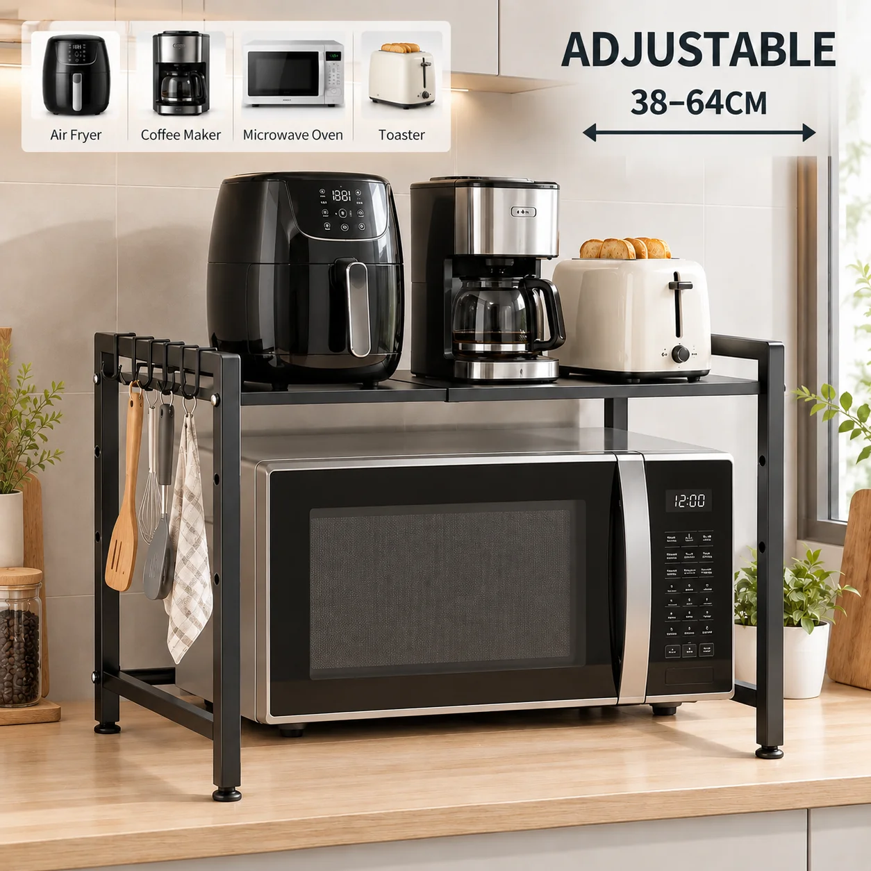 Scaffale regolabile per elettrodomestici da cucina, ripiano organizer da appoggio per friggitrice ad aria, macchina del caffè, forno a microonde e tostapane, scaffale portautensili in acciaio al
