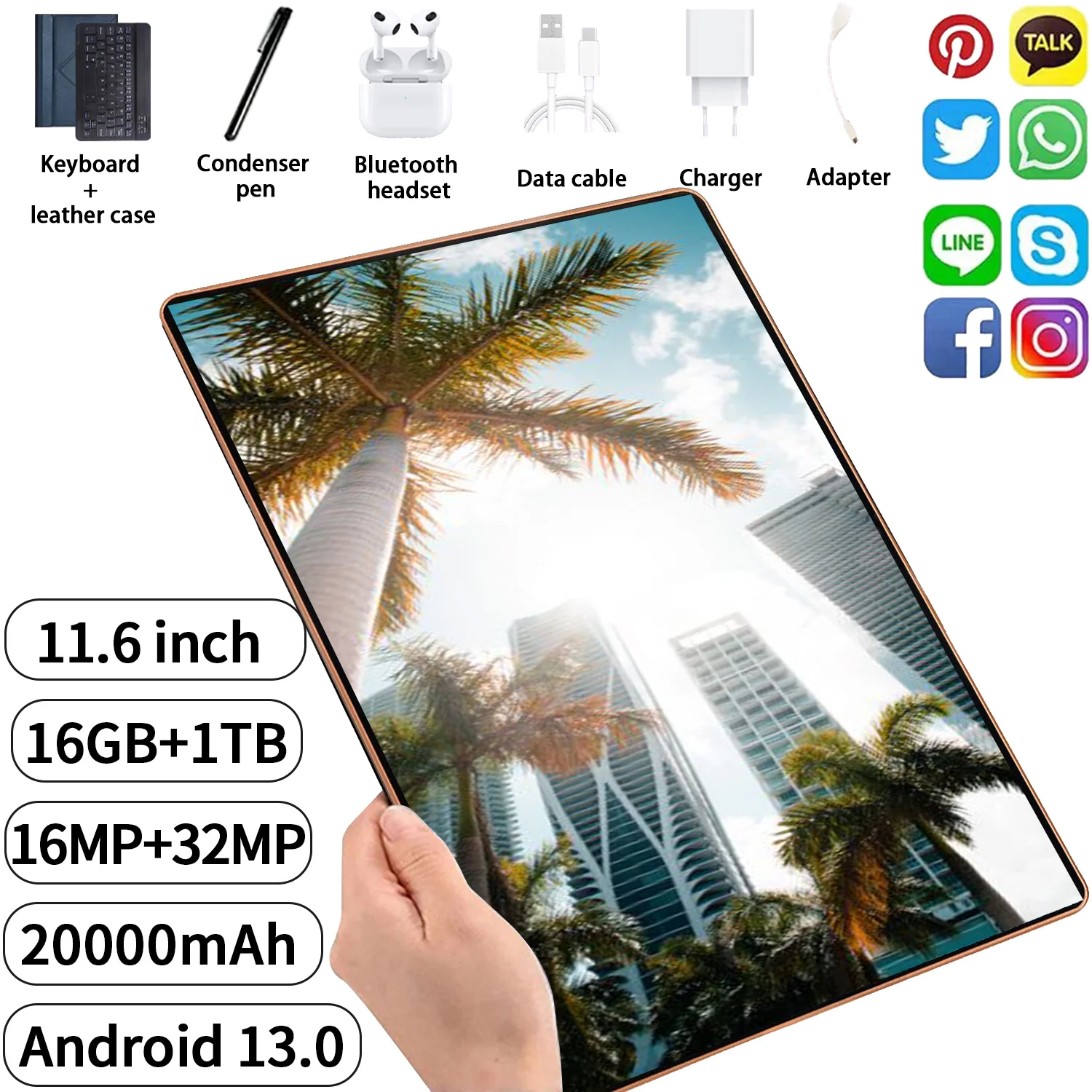 2024 Tablet Android 13.0 Brand New 11.6 inch 16GB RAM 1TB ROM Tablet 16MP 32MP 20000mAh 14 Core WIFI Bluetooth Network Tablet