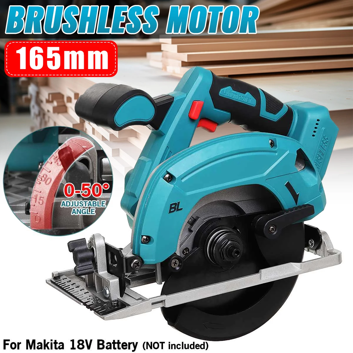 Brushless Electric Circular Saw 165mm Cordless Electric Saw Blade Adjustable Angle Cutting Woodworking for Makita 18V Battery