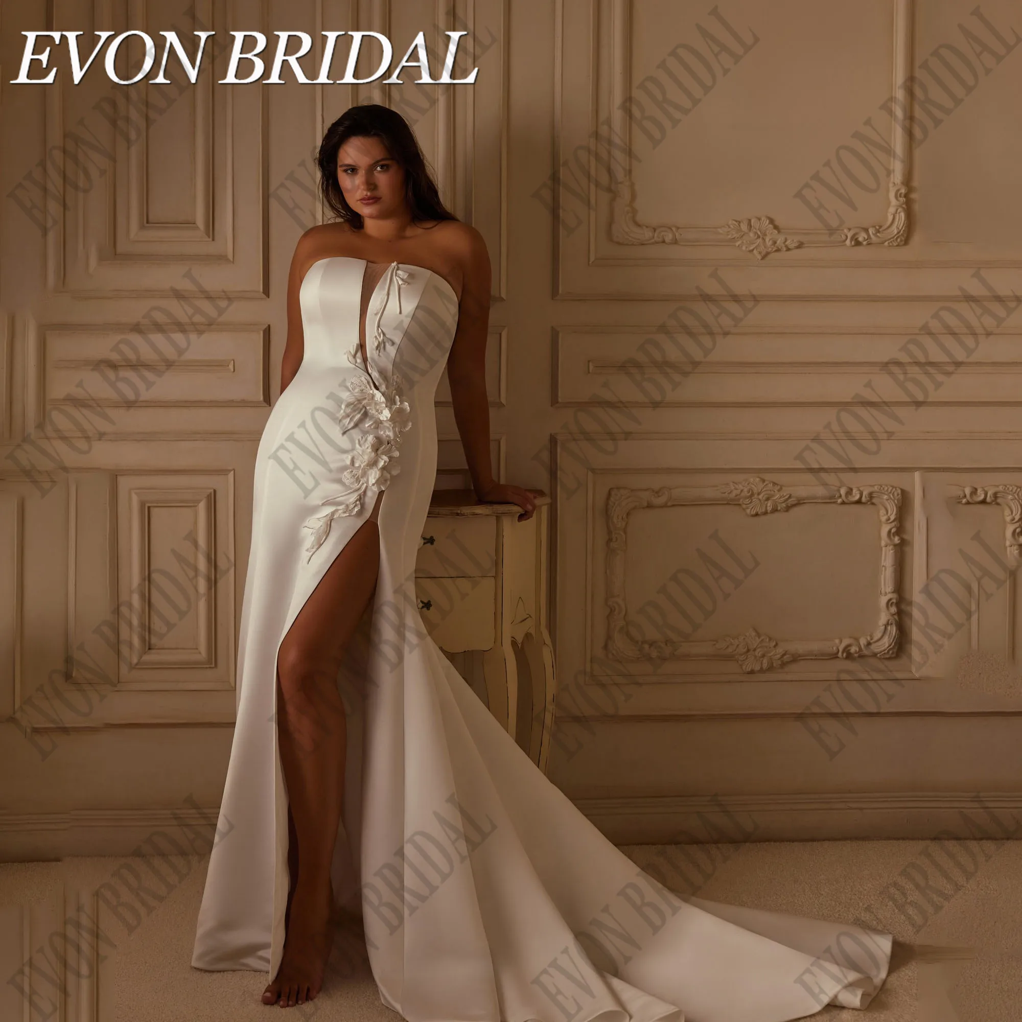 

EVON BRIDAL Satin Flowers Wedding Dress Plus Size Strapless Side Split Bride Gown Elegant Wedding Dresses Sweep Train Customized