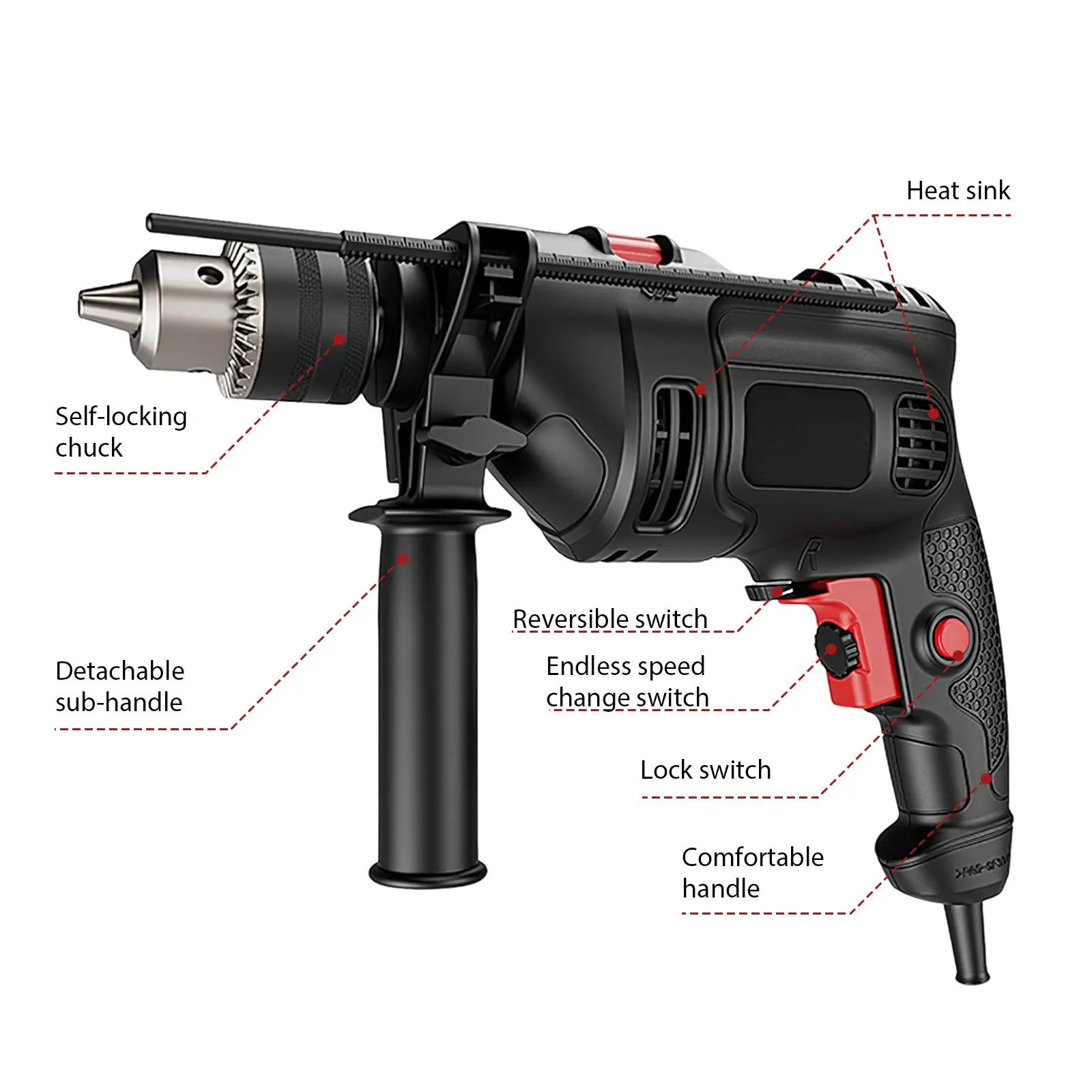 Taladro percutor inalámbrico, taladro eléctrico de mano, taladro tipo pistola, herramienta eléctrica multifuncional para el hogar, para taladrar, atornillar, paredes, madera, metal
