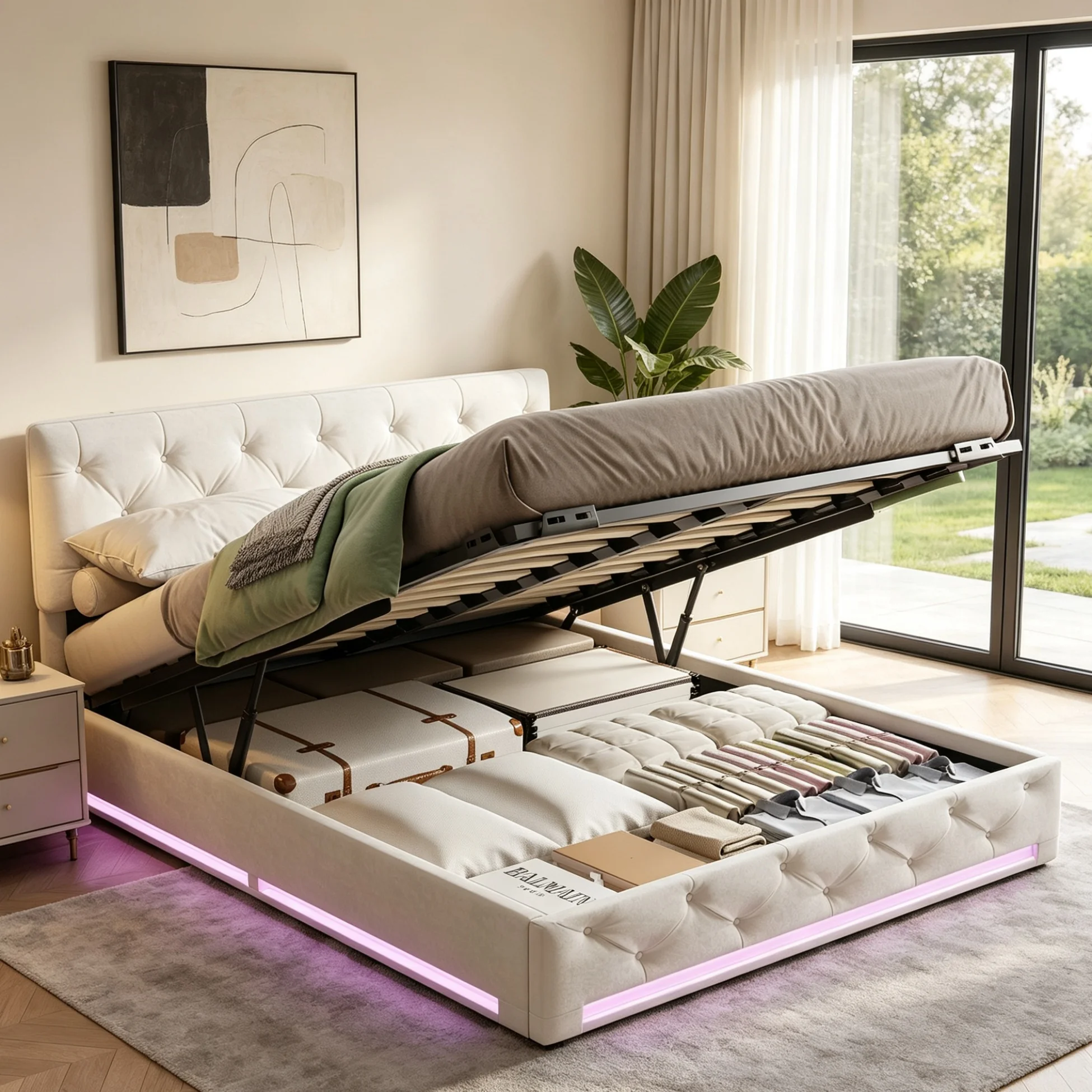 Simurq Polsterbett 140 x 200 cm, Doppelbett mit Stauraum, hydraulisches Stauraumbett, Jugendbett mit Kopfteil, Funktionsbett, Bettgestell mit Lattenrost, Leinen, Off-White
