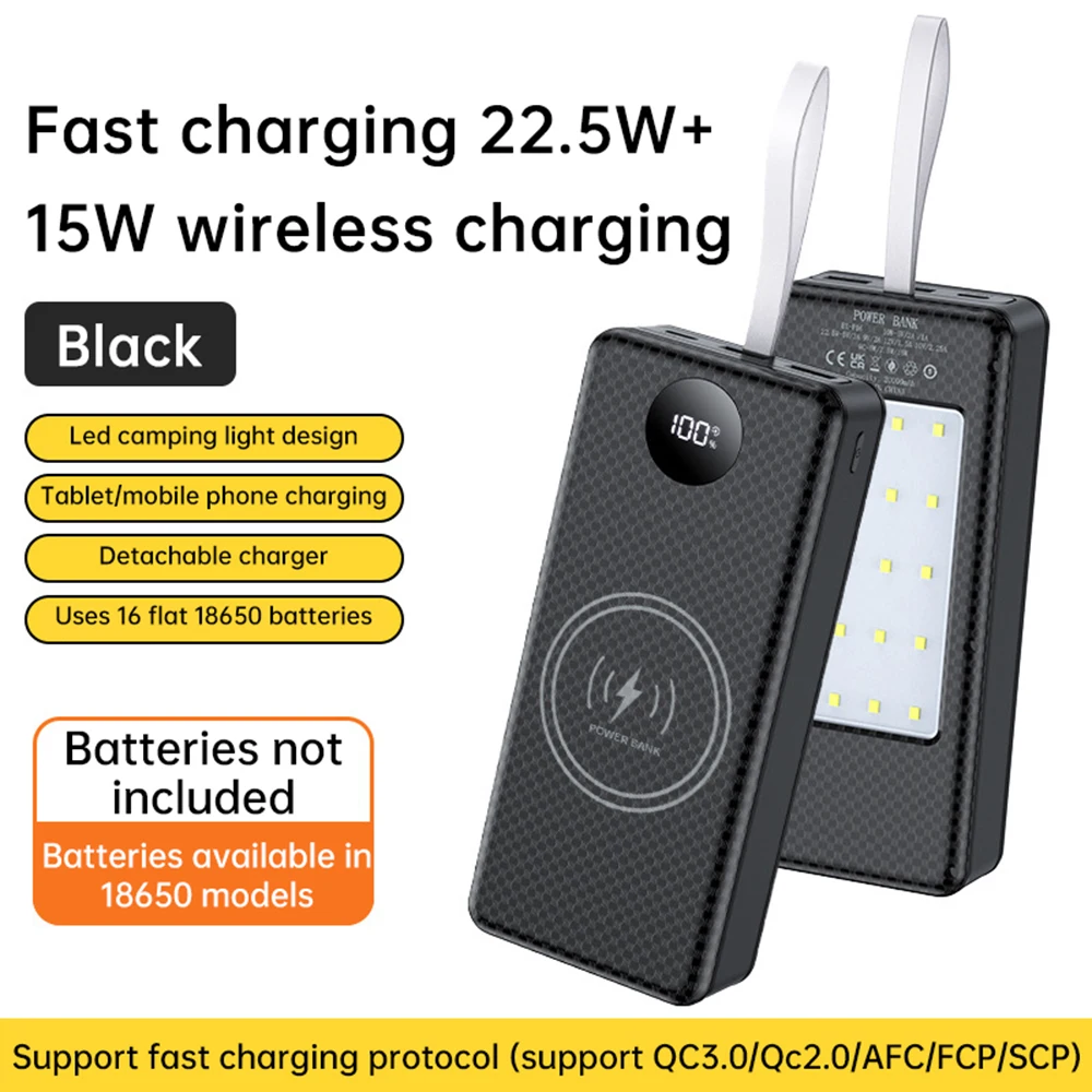 16×18650 Portable Power Bank Case, Supporting 22.5W Fast Charging and 15W Wireless Charging, with a Camping Light Function