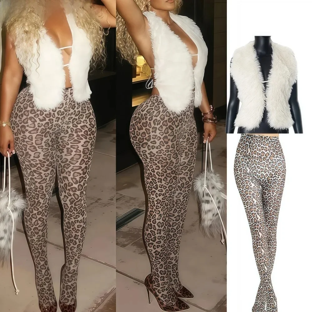 FAGADOER Sexy Fur Patchwork Woman 2 Piece Set Outfit Deep V Backless Lace Up Crop Top + Leopard Print Pants Female Streetwear — zdjęcie 2