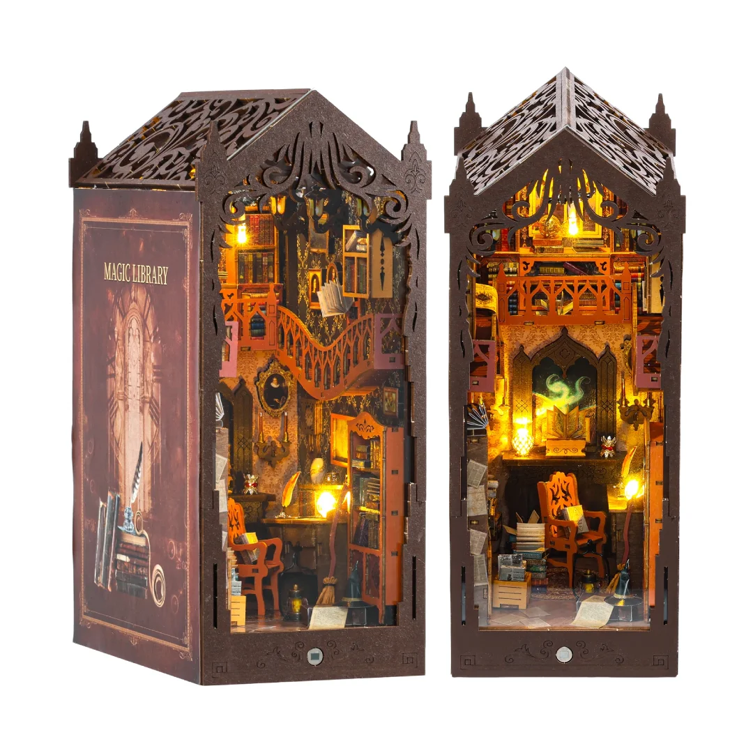 Enchanted Magic Library DIY Book Nook Kit 3D Wooden Puzzle Bookshelf Insert with LED Lights Creative Miniature Dollhouse Model