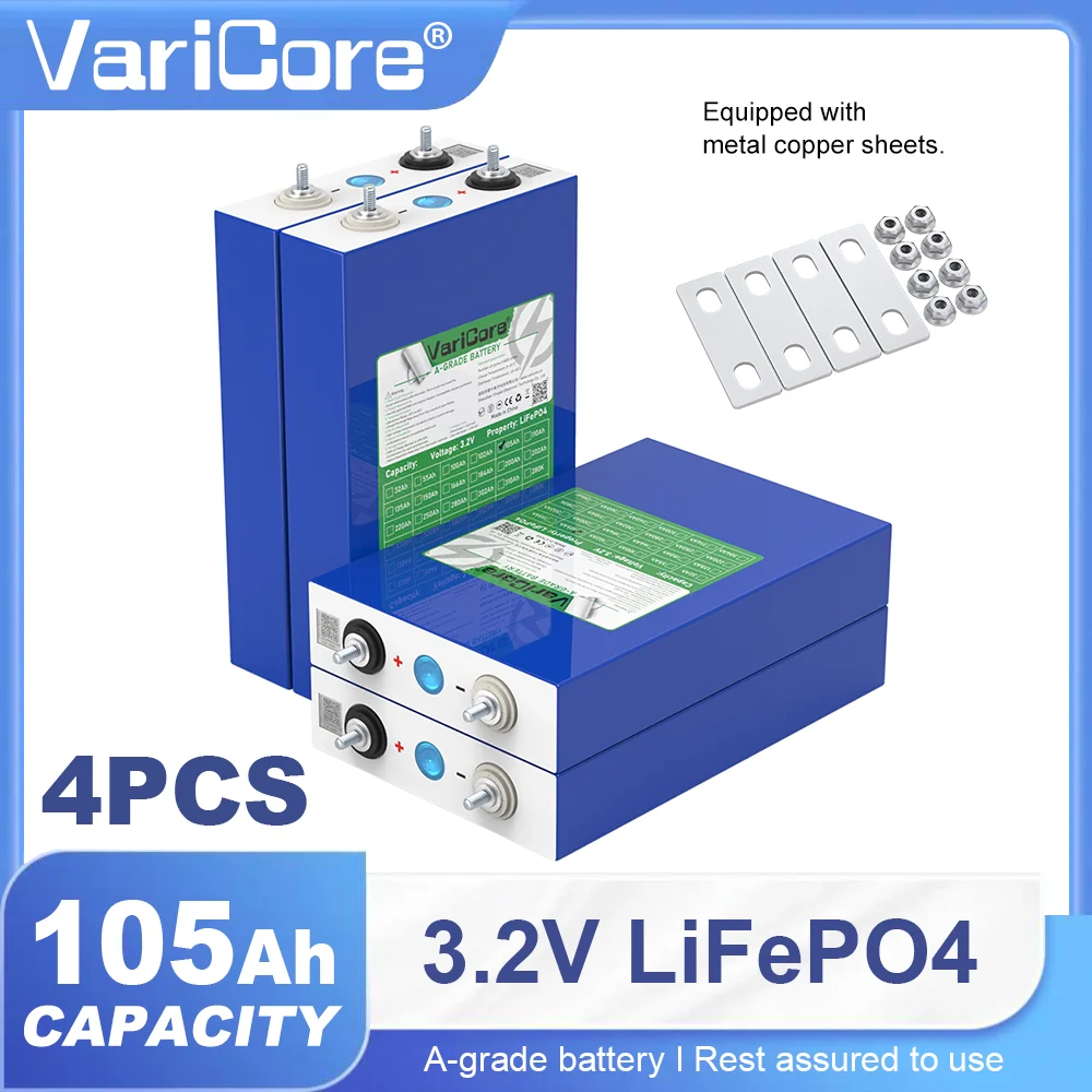 Batteria ricaricabile VariCore 3.2V 105Ah LiFePO4, batteria al litio ferro fosfato, fai da te, 12V, per golf cart, moto, auto elettriche, batterie solari