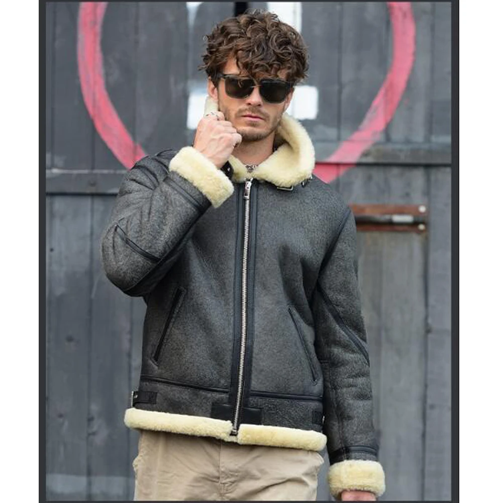 Denny&Dora Mens Shearling Jacket Lapel Collar Short Sheepskin Coat Grey Casual Leather Jacket