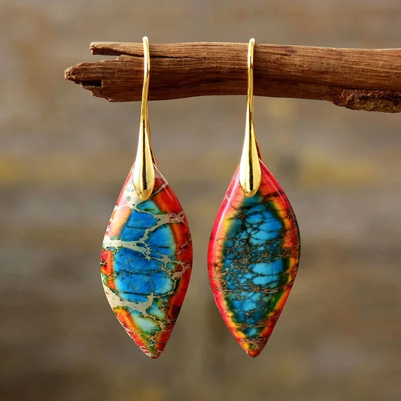 Moda Biżuteria Akcesoria Prezenty Styl Bohemian Imperator Kamień Liść Wisiorek Kolczyki Kobiety Naturalny Kamień Spersonalizowane Kolczyki — zdjęcie 2