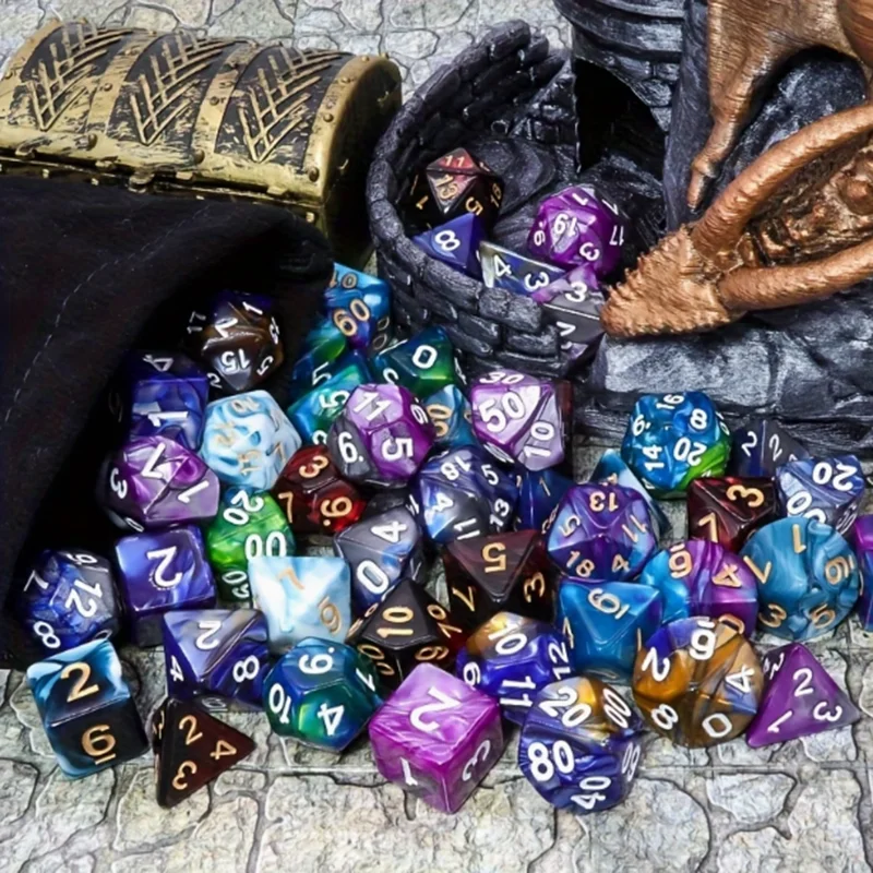 49Pcs Starry Sky Splatter Polyhedral Dice Set with Dragon Pattern Storage Bag for Board Games RPG Tabletop DND Role Playing