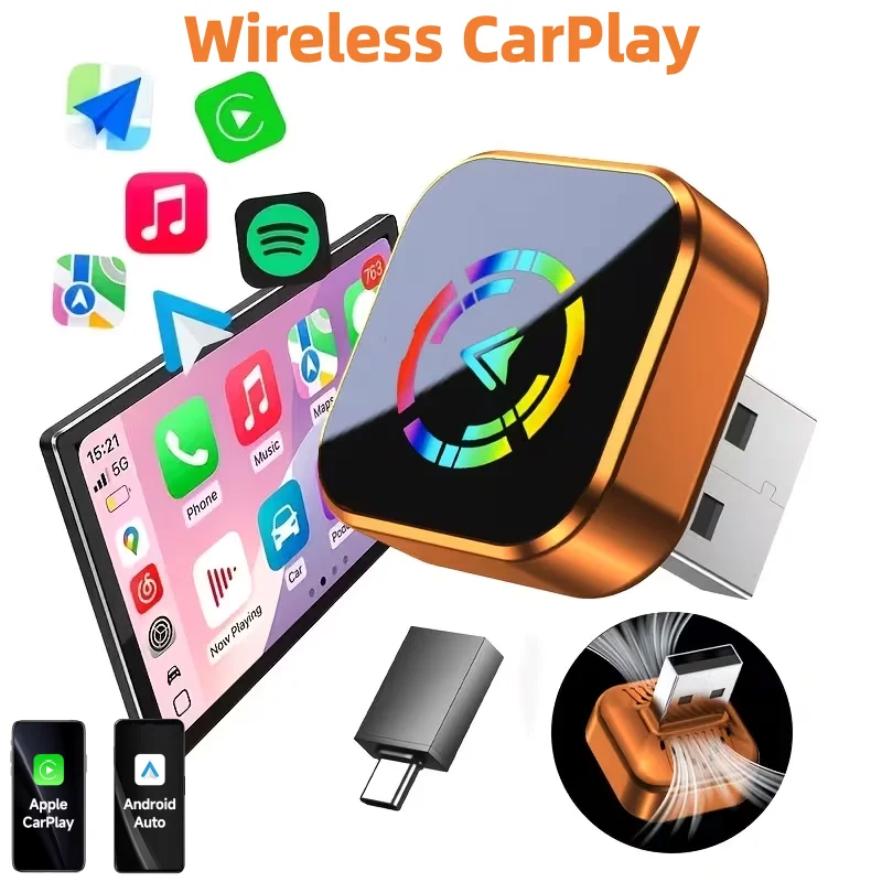 Adaptador Inalámbrico 2 en 1 para Carplay y Android Auto, Adaptador de Carplay con Cable a Inalámbrico, Puerto USB/USB-C, Control Inalámbrico, Plug and Play