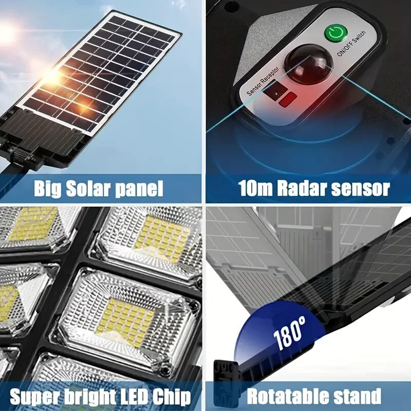 Lâmpada solar super externa com sensor de movimento, Holofotes solares ao ar livre, Solar Powered LED Street Light, 8000W