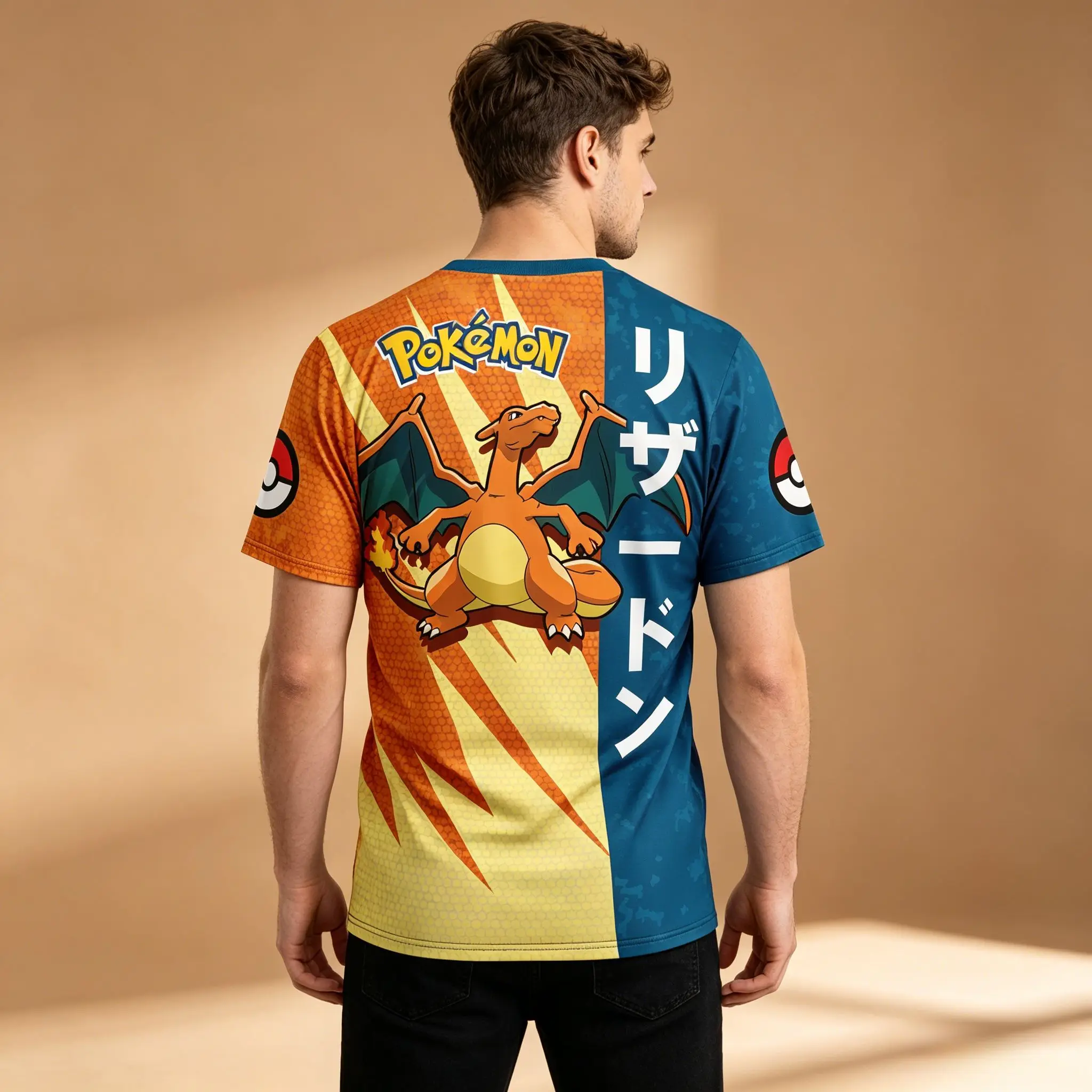 Men's Pokemon Charizard Split Color Full Print T-Shirt, Blue Orange Anime Japanese Kanji Pokeball Casual Short Sleeve Tee