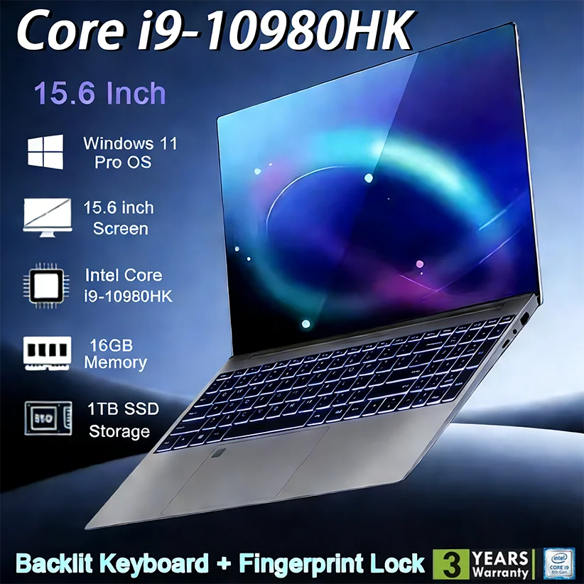 Laptop Portatile 2026 con Intel Core I9 10980HK, Retroilluminazione, Blocco Impronte Digitali, Windows 11 Pro, 15.6 Pollici, 16GB RAM, 512GB/1TB SSD,