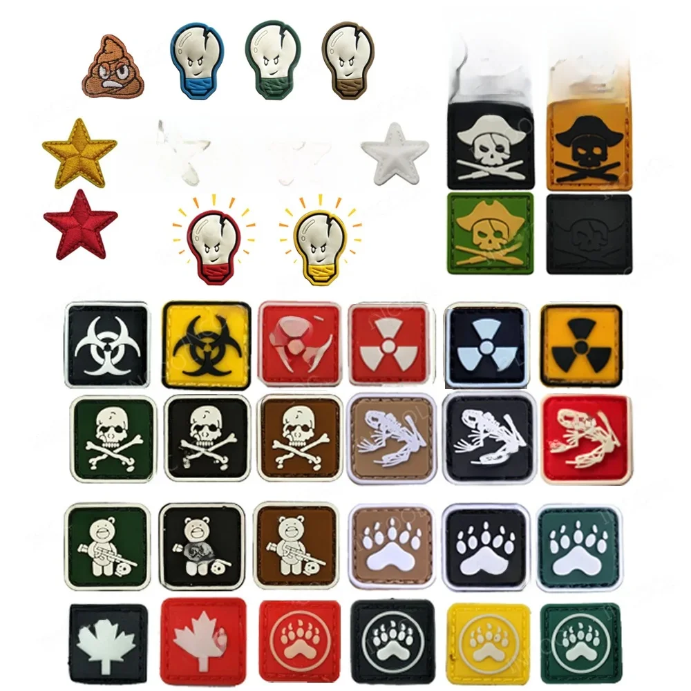 Mini taille PVC petit Patch feuille d'érable Pirate crâne ours grenouille rayonnement Badges en caoutchouc Airsoft lampe étoiles patchs pour casquette chapeau sac