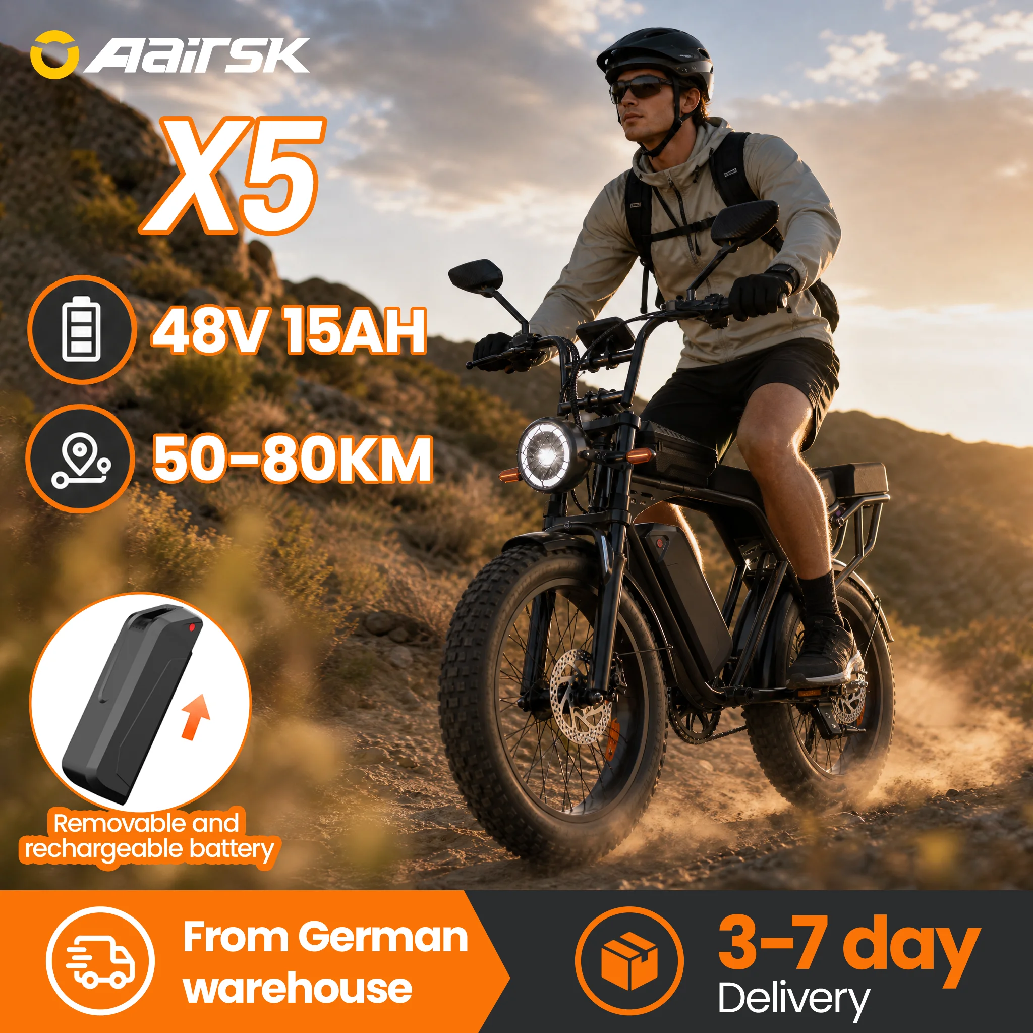 Aairsk X5 20"×4.0" Fat-Tire-Elektrofahrrad, 48V 15Ah Abnehmbarer Akku 50KM Reichweite, 75N·m Hochdrehmoment-Motor Off-Road E-Bike mit Blinkern & Scheibenbremsen, All-Terrain E-Bike für Erwachsene