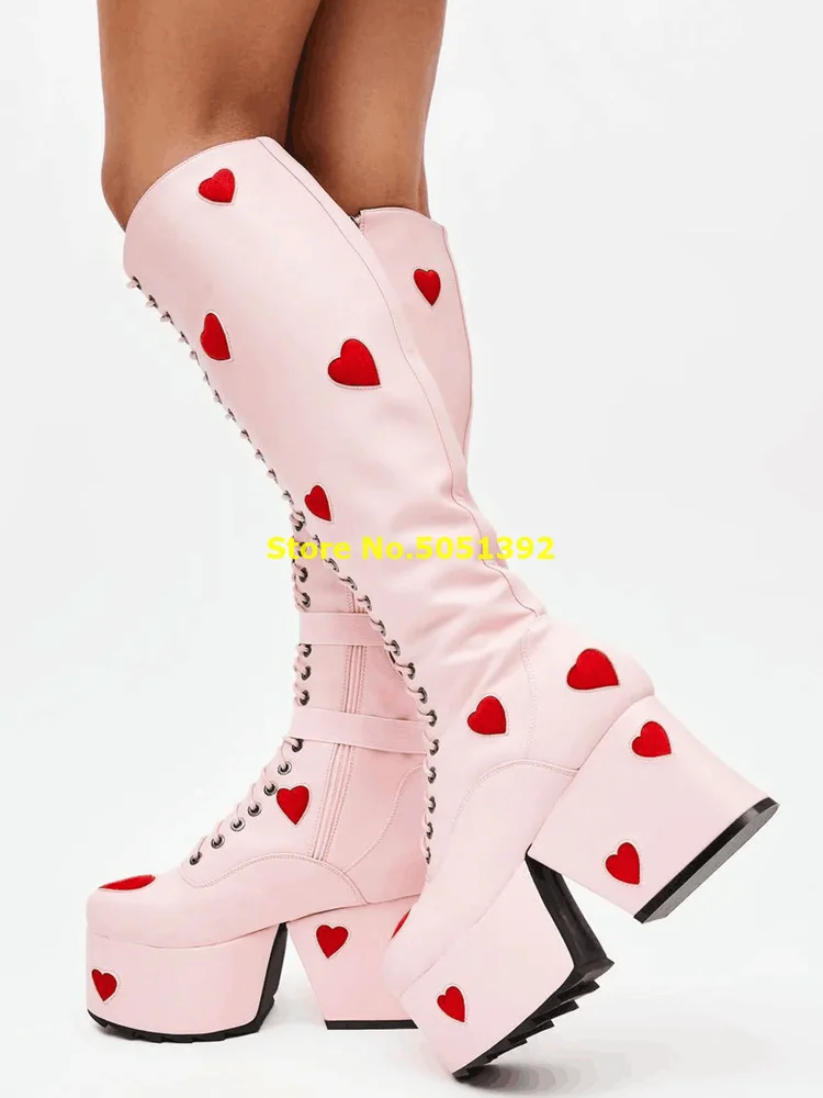 Pink Lovely Knee High Boots Leather Construction Red Heart Patches All Over Front Lace Up Platform Purse Chunky Heel Boots