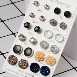 12 Pairs/Lot Acrylic Rhinestone Fashion Earrings Set For Women Flower Heart Stud Earring Girls Simple Geometric Earrings Jewelry