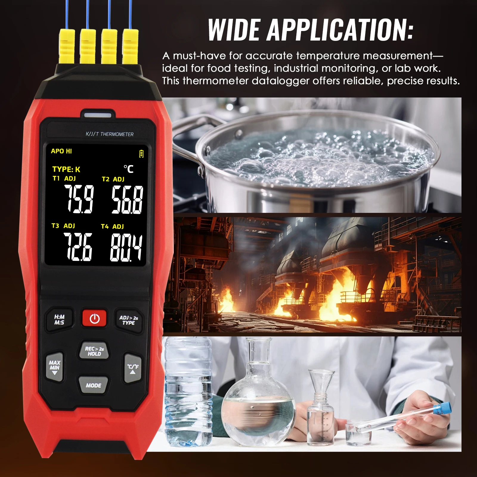 4-Channel K/J/T Type Thermocouple Thermometer Digital Data Logger with PC Software & Real-time Graphing,-200°C to 1372°C