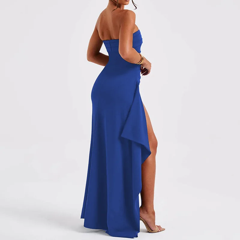 

A6 One-line collar tube top dress, fashionable and sexy backless long slit dress