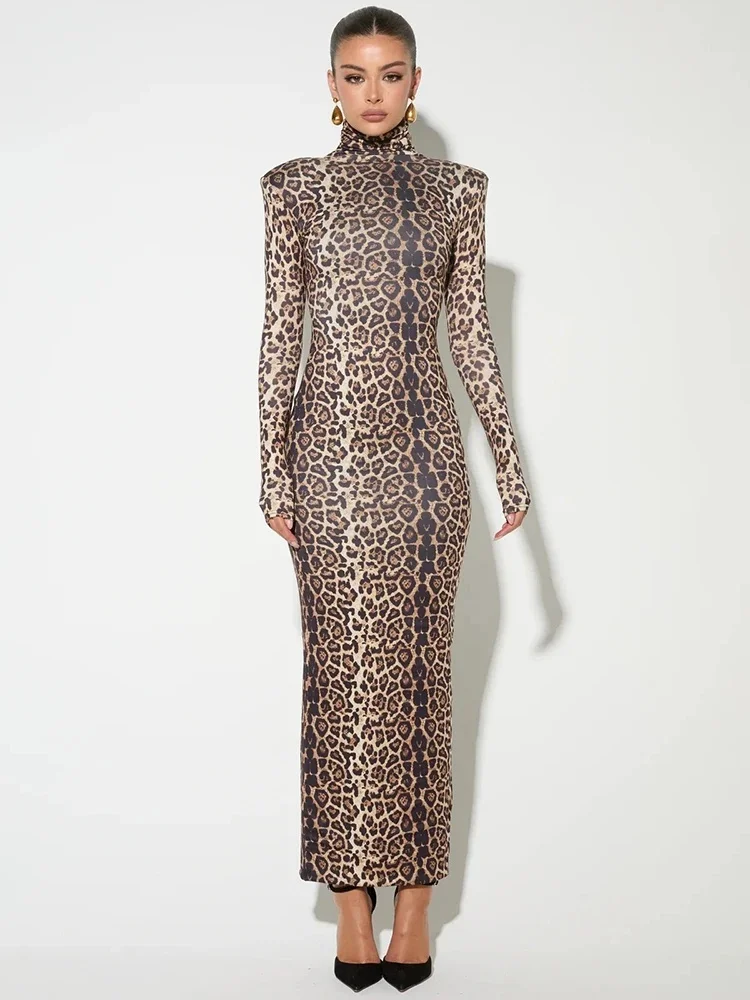 Mozision Leopard Print Long Sleeve Sexy Maxi Dress For Women Autumn Winter Fashion Elegant Turtleneck Printed Bodycon Long Dress — zdjęcie 2