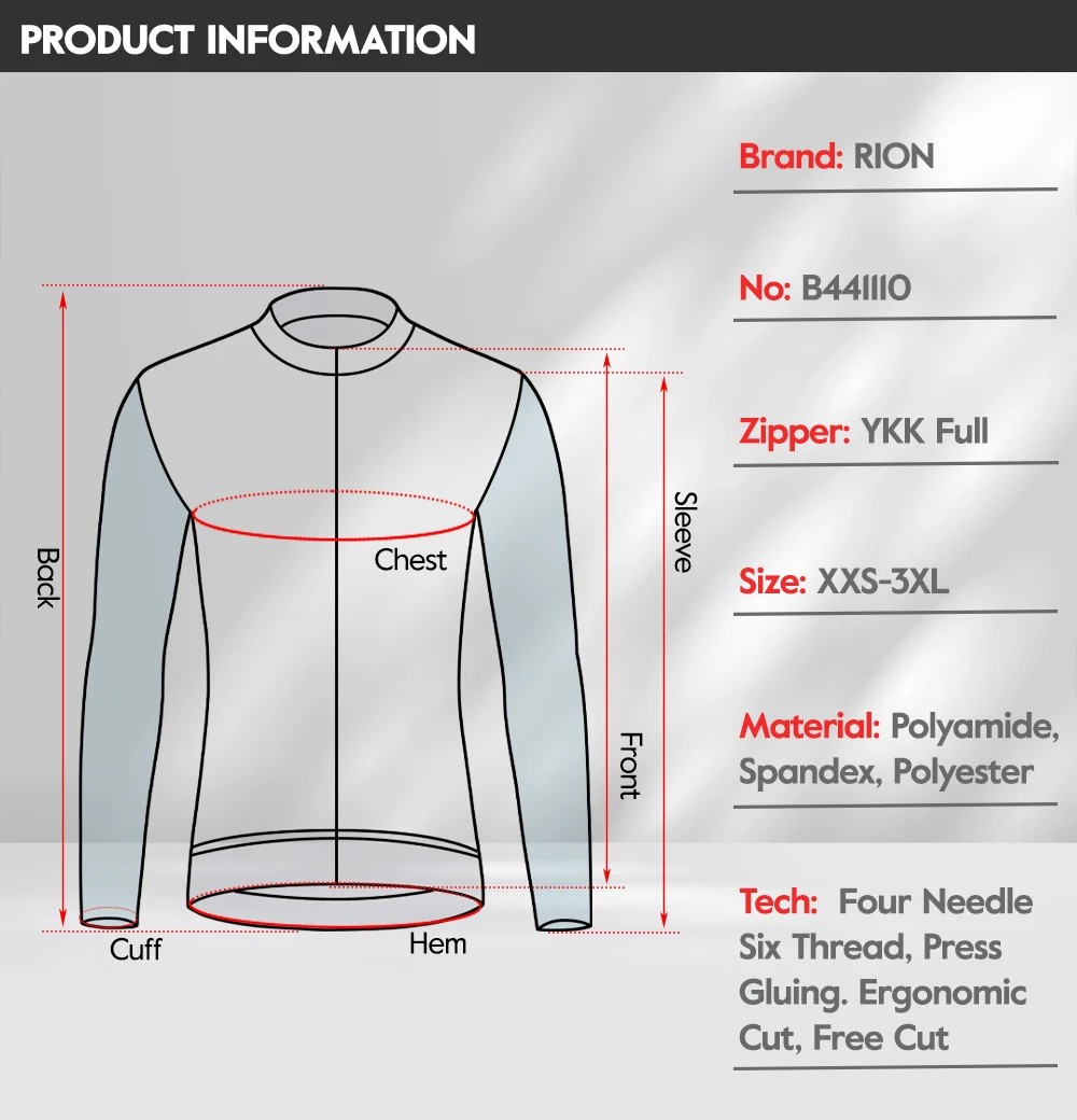 RION Herren-Radtrikot mit langen Ärmeln, Rennradtrikot, UPF 50+ Sonnenschutz, MTB-Radtrikot, Outdoor-Ausrüstung, schmale Passform, Größe 15-24 ℃ – Detail 2