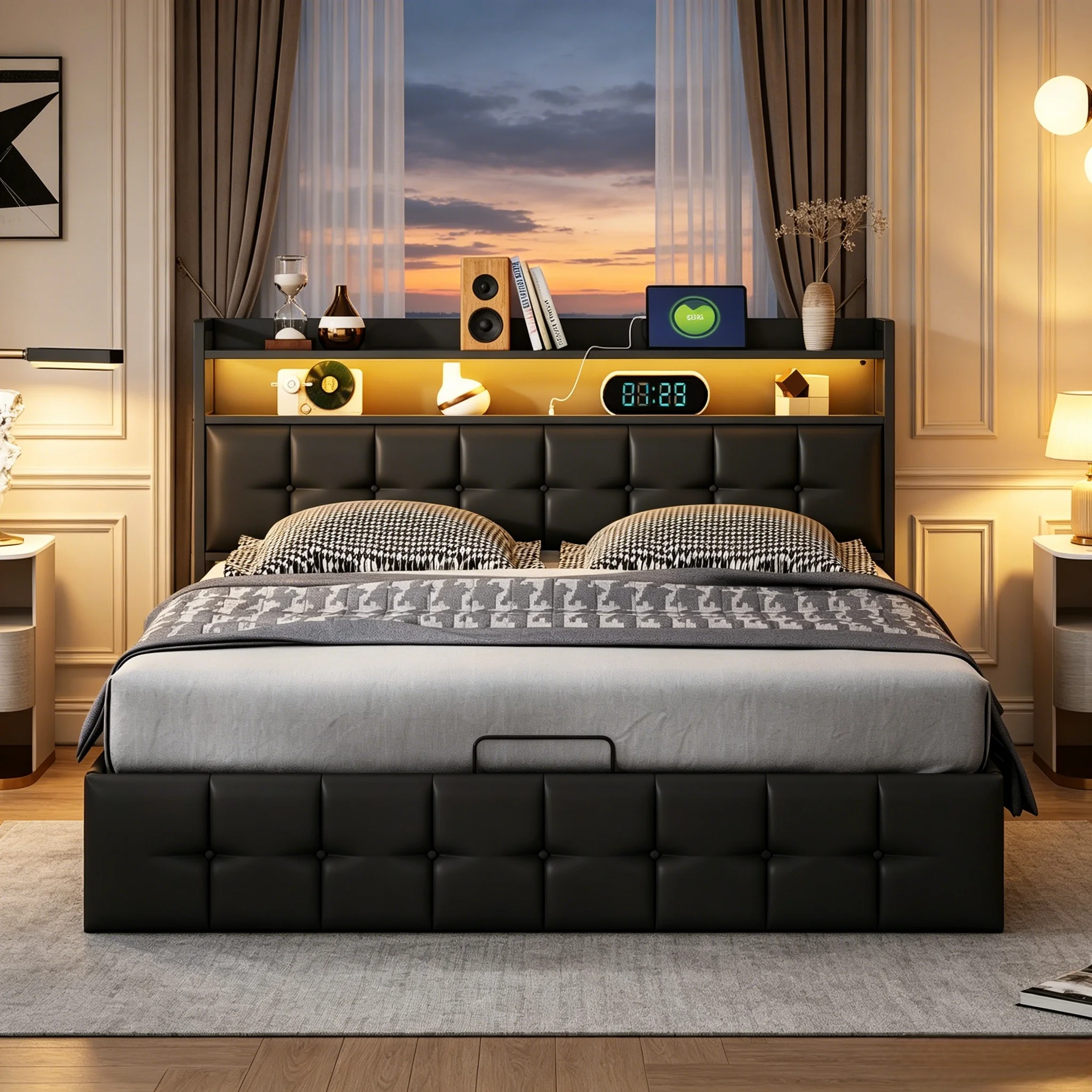 Cadre de lit hydraulique 140/160*200cm/140*190cm, lit double rembourré avec tête de lit LED et fonction de charge, cadre de lit matelassé en simili cuir, matériau PU, matelas non inclus, noir