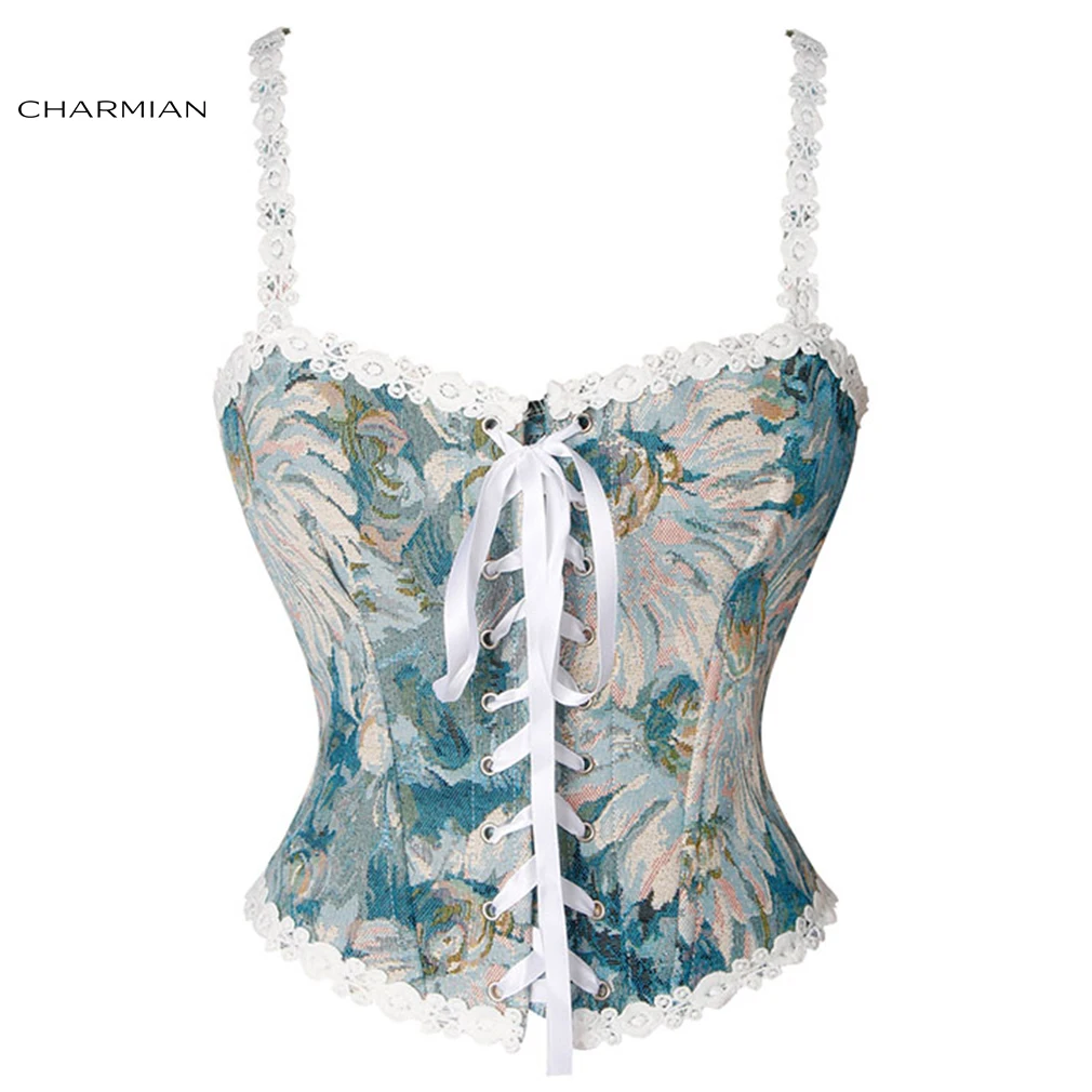 

Charmian Renaissance Corset Crop Top Womens Vintage Retro Floral Jacquard Lace Up Camisole Bustier Top Tank Top Suspender Corset