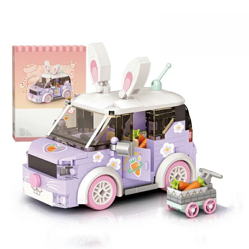 Ensemble de nuit de construction de voiture lapin pour enfants, briques d'assemblage de modèle de voiture de dessin animé bricolage, cadeau de jouet pour enfants, adapté à la décoration de la maison,