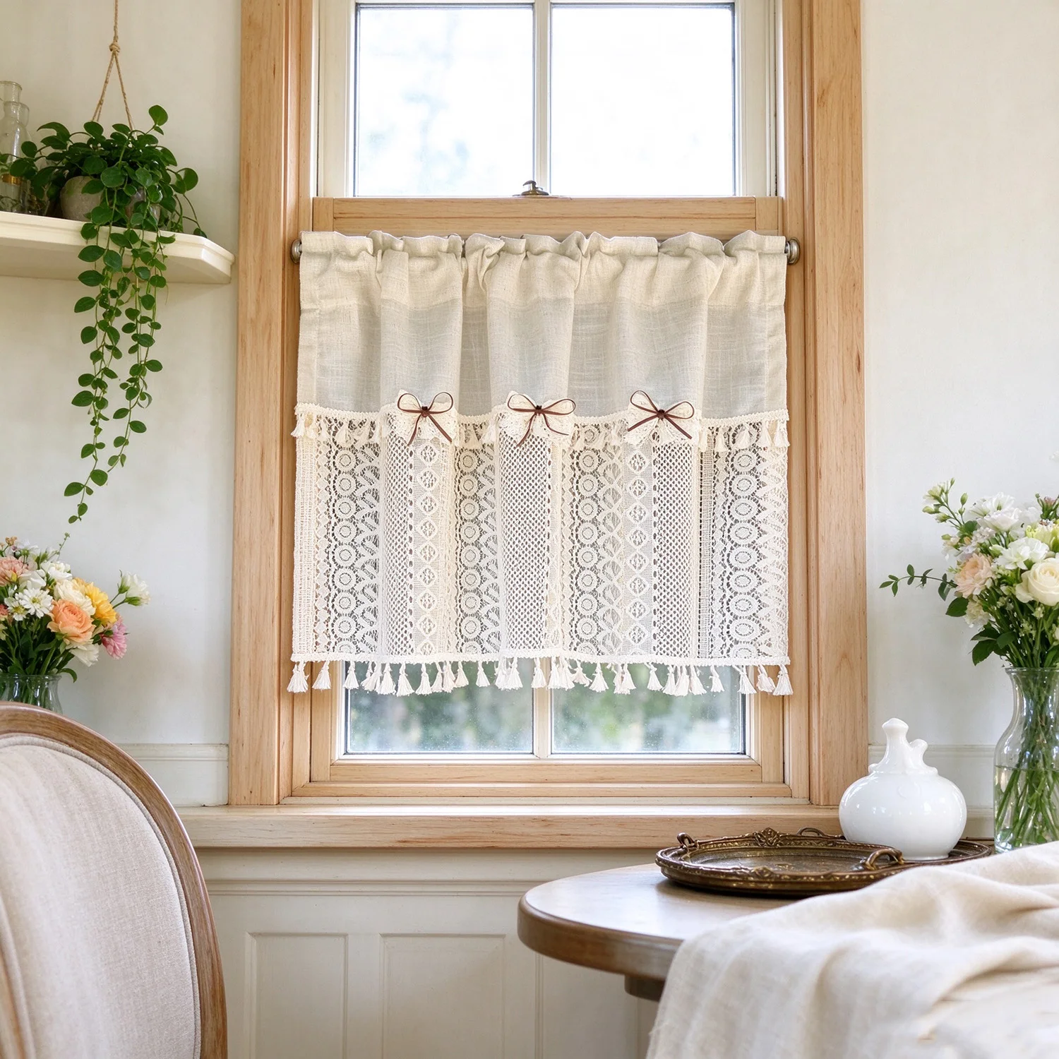 Boho Hollow Lace Sheer Curtains with Bow, Vintage Farmhouse Kitchen Cafe Curtains with Valance for Kitchen Sink Window Decor