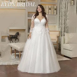 EVON BRIDAL Oversize Wedding Dress Long Sleeves V-Neck Applique A-Line Bridal Gown Button Back Sweep Train Wedding Dresses