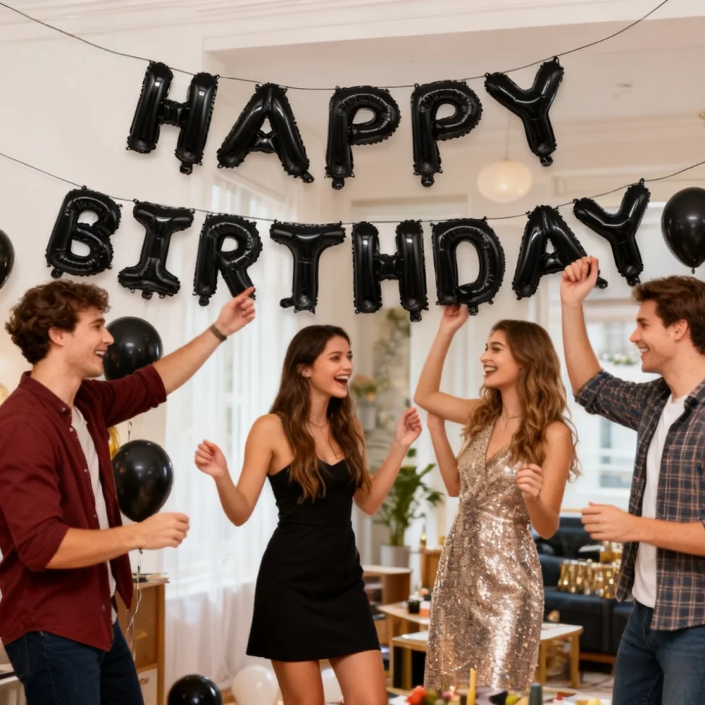 

16 Inch Black Mylar Foil Letters Balloons Happy Birthday Sign DIY Banner Set for Party Celebration Indoor Background Decorations