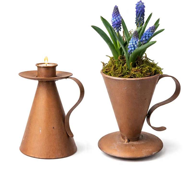 

Vintage Metal Tealight Candle Holder, Reversible Rustic Bronze Iron Taper & Small Planter, 12cm Decorative Farmhouse Accent