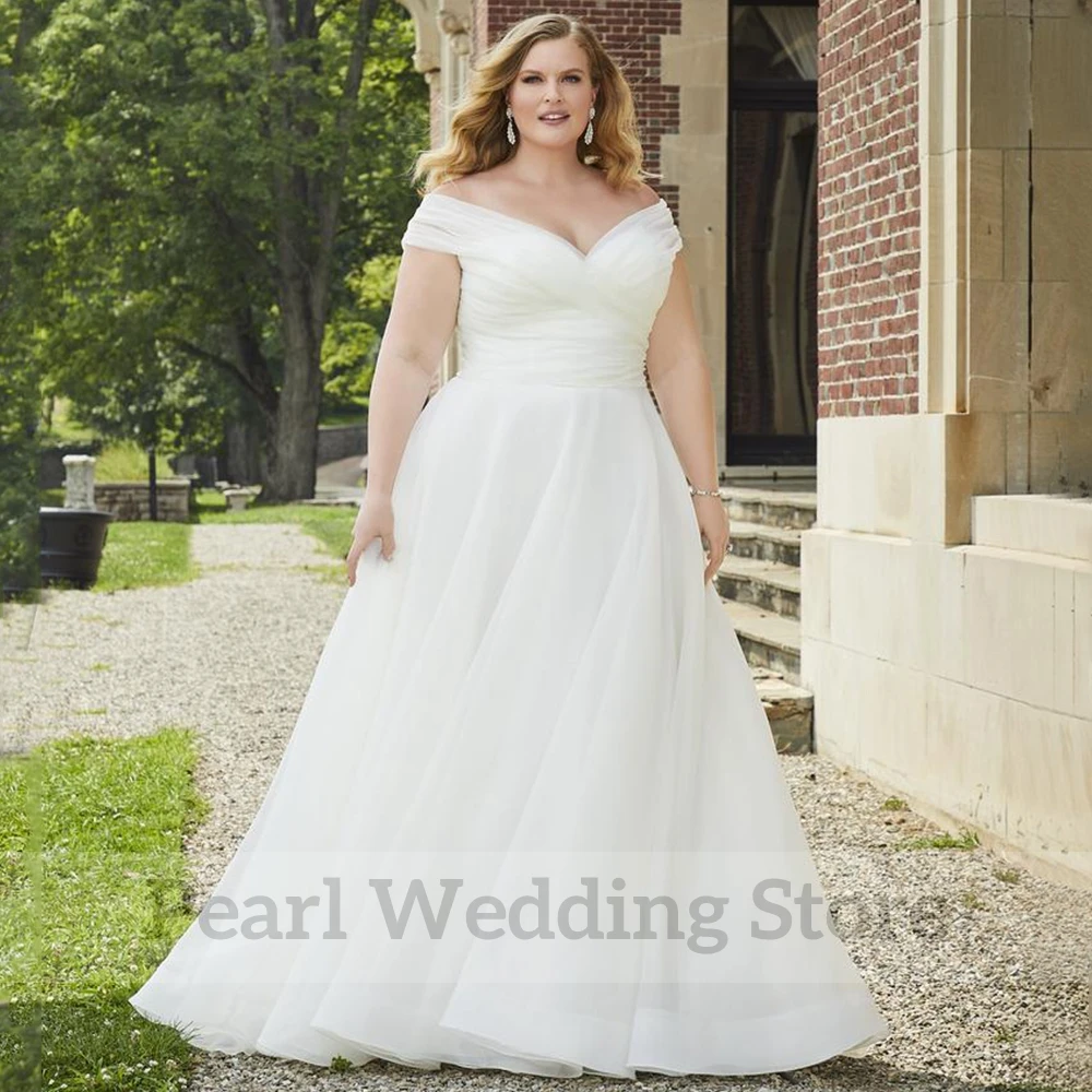 Simple Off the Shoulder Pleat Wedding Dress Short Sleeve Classic A-Line Floor Length with Buttons Sweep Train Open Back Gowns