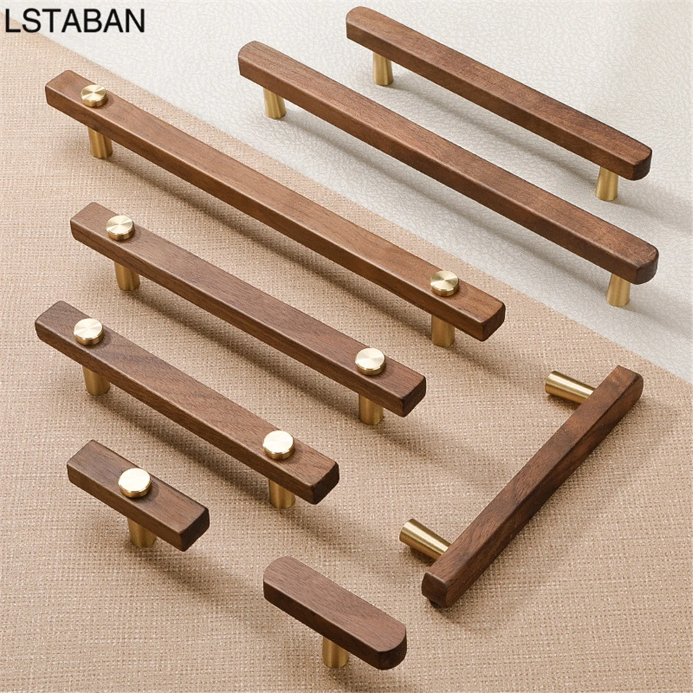 Walnut Brass Cabinet Handle Solid Wood Kitchen Cabinet Knob Retro Pure Copper Furniture Hardware Drawer Pull Wardrobe Door Knobs