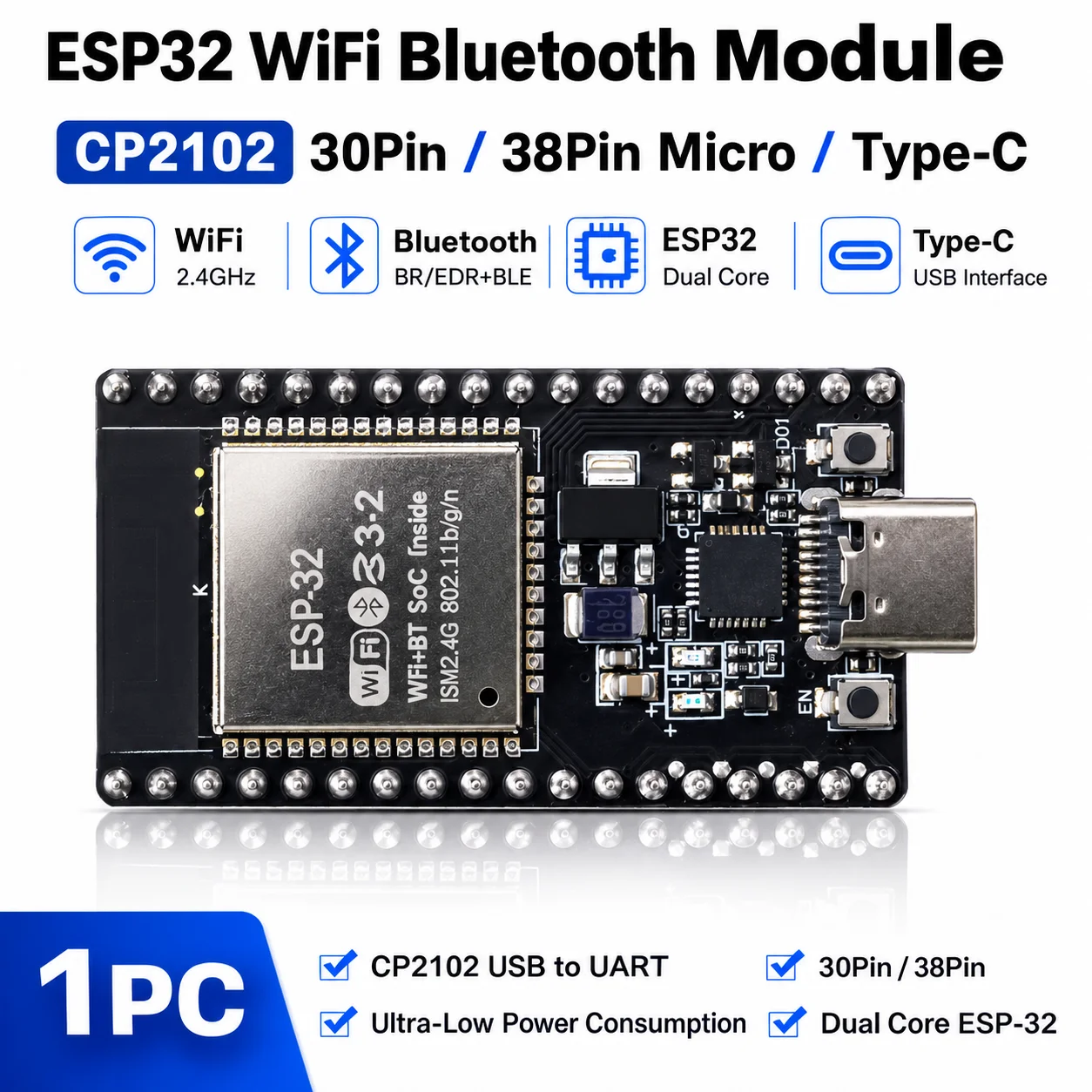 ESP32 Development Board 2.4G WIFI Bluetooth Module 30Pin 38Pin CP2102 Micro Type-C Ultra-Low Power Consumption Dual Core ESP-32