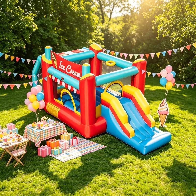 Château gonflable 5-en-1 en forme de crème glacée avec toboggan, espace de jeu gonflable sécurisé pour enfants sans souffleur, design sonore interactif pour plus de plaisir, maison de jeu gonflable portable pour enfants, pour divertissement intérieur et extérieur dans la cour.