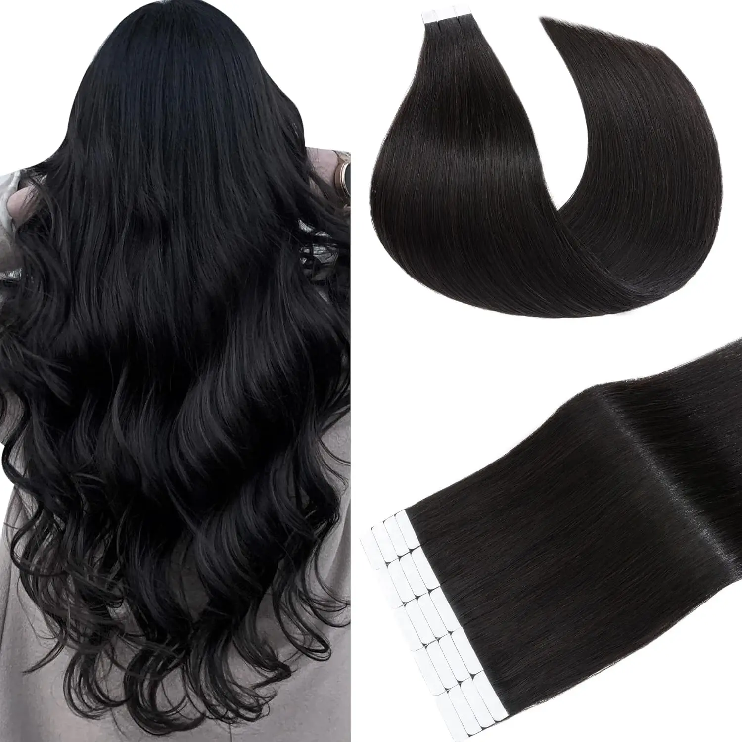 Tape in Hair Extensions Natural Black Real Straight Silky Soft Remy Hair Seamless Double Side Tape in Hair Extensions for Women